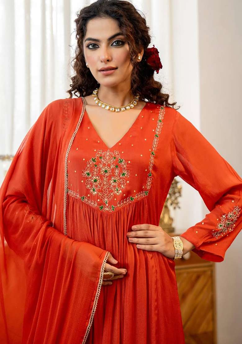 Orange Embroidered Silk Anarkali Set - Indya