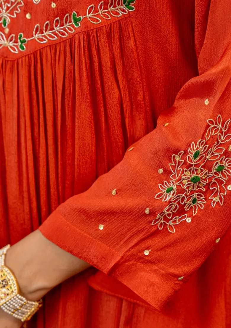 Orange Embroidered Silk Anarkali Set - Indya