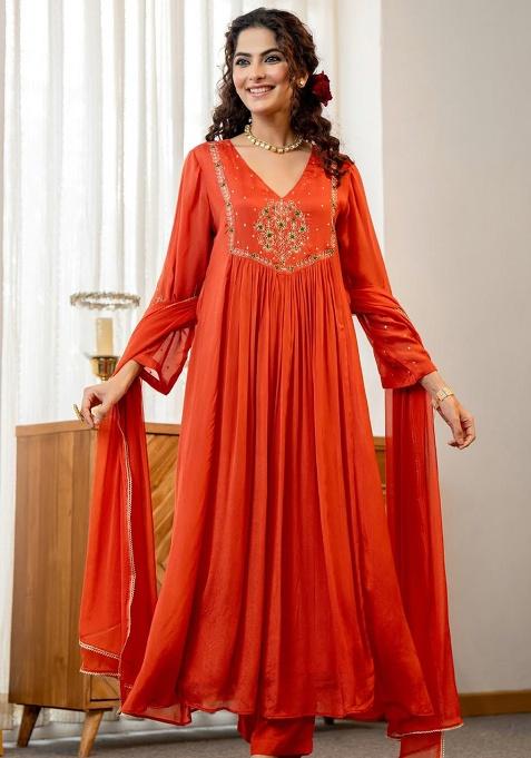 Orange Embroidery Silk Kurta Set
