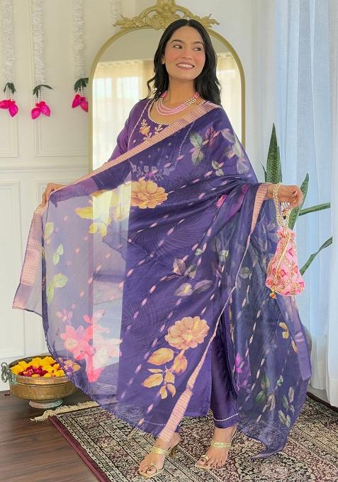 Purple Embroidery Viscose Kurta Set