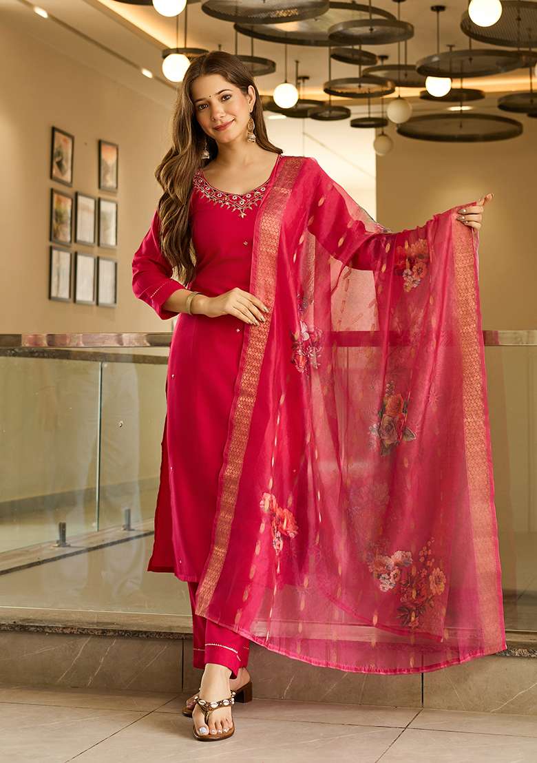 Red Embroidered Viscose Straight Kurta Set - Indya