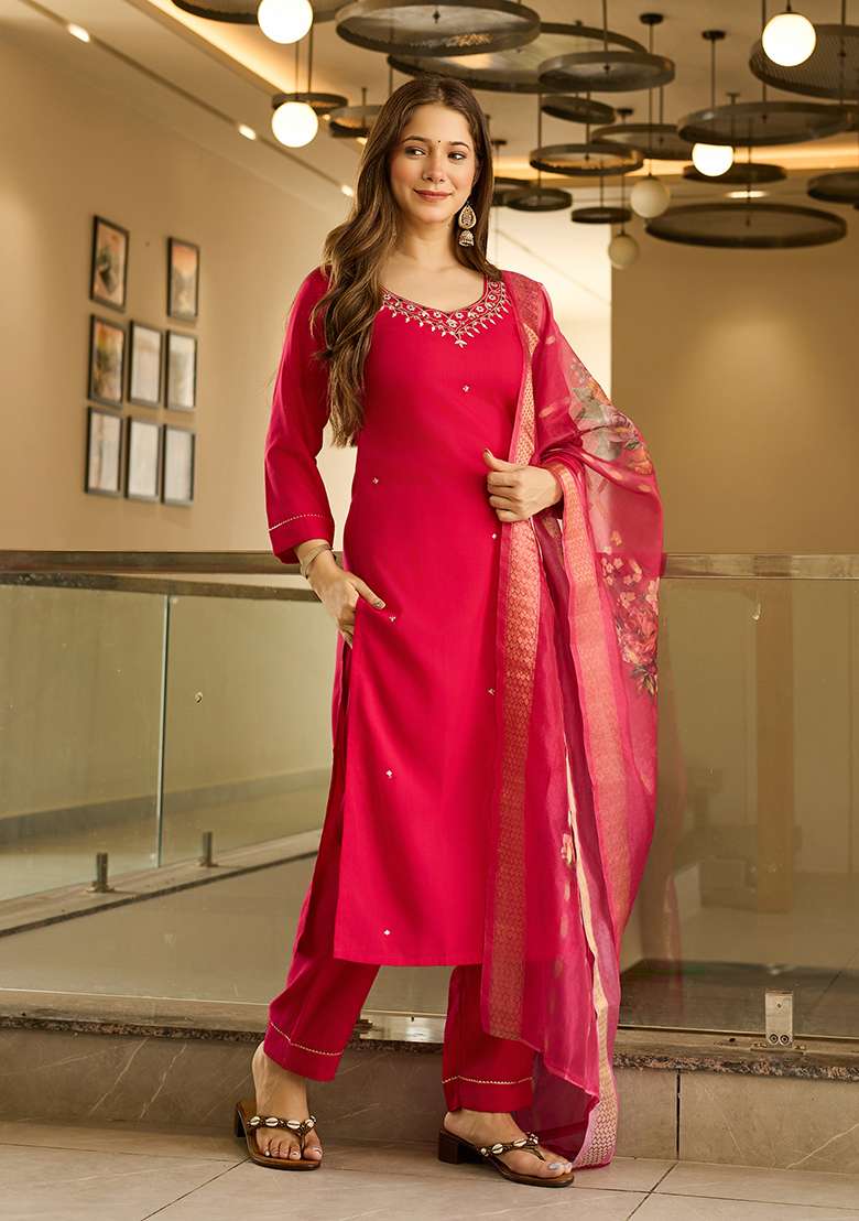 Red Embroidered Viscose Straight Kurta Set - Indya
