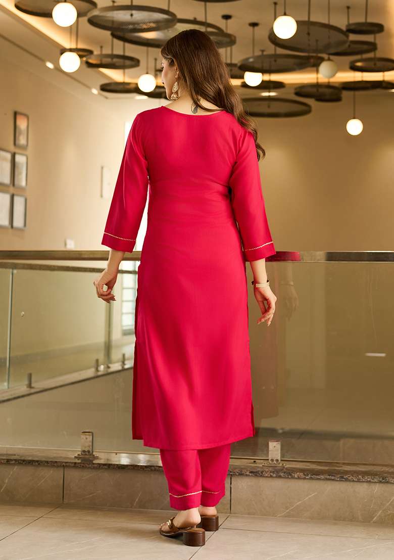 Red Embroidered Viscose Straight Kurta Set - Indya
