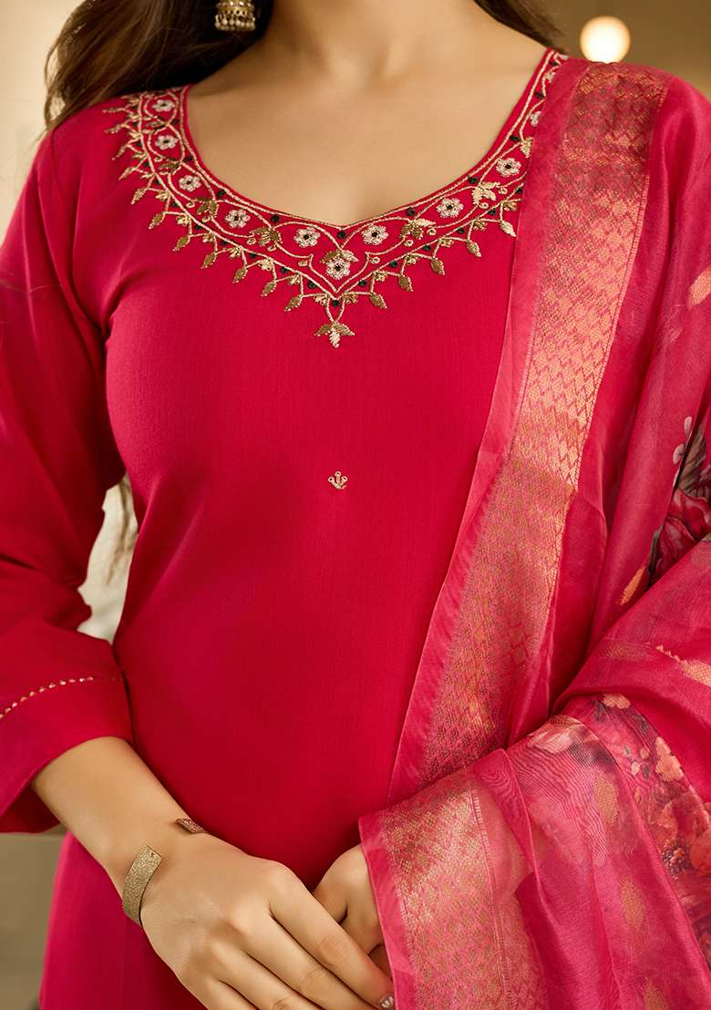 Red Embroidered Viscose Straight Kurta Set - Indya