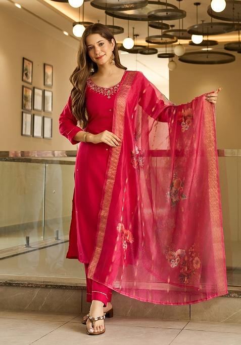 Red Embroidery Viscose Kurta Set