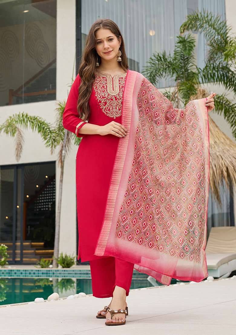 Red Embroidered Rayon Straight Kurta Set - Indya