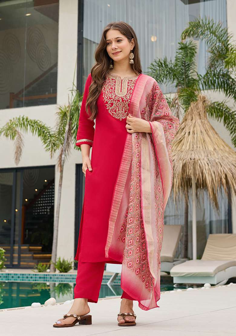 Red Embroidered Rayon Straight Kurta Set - Indya