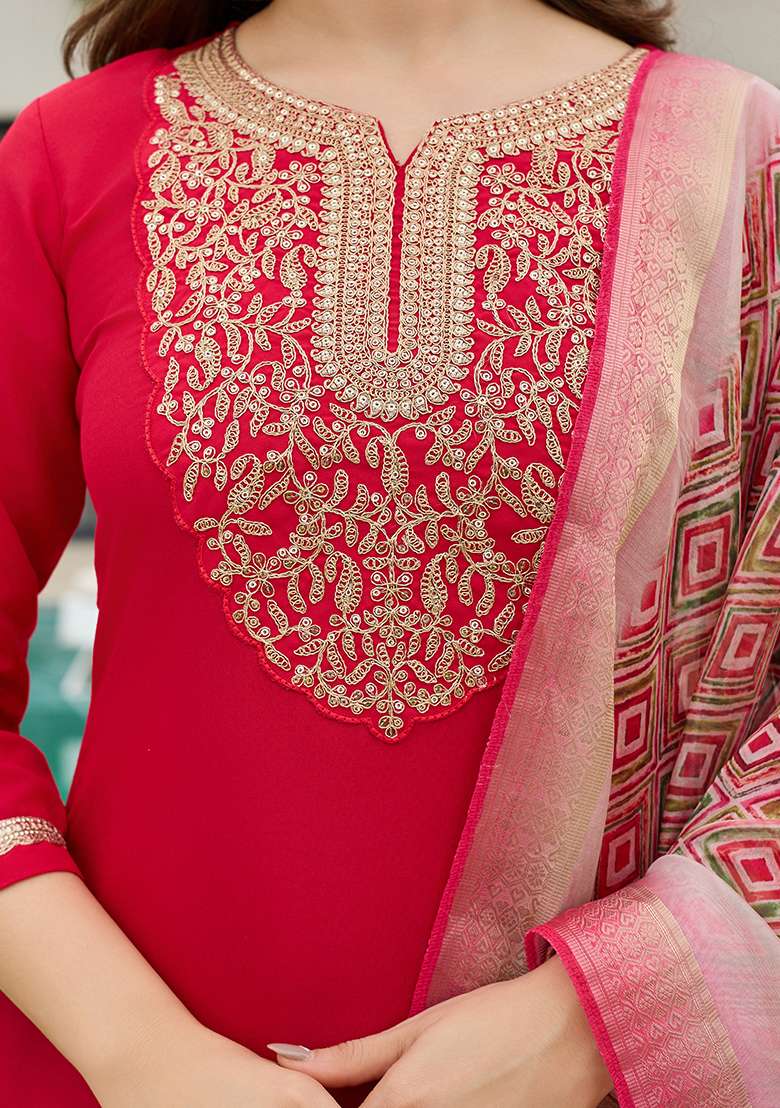 Red Embroidered Rayon Straight Kurta Set - Indya