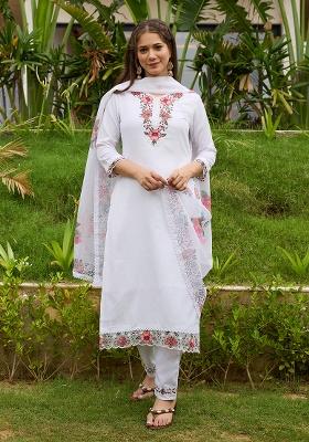 White Embroidered Viscose Straight Kurta Set