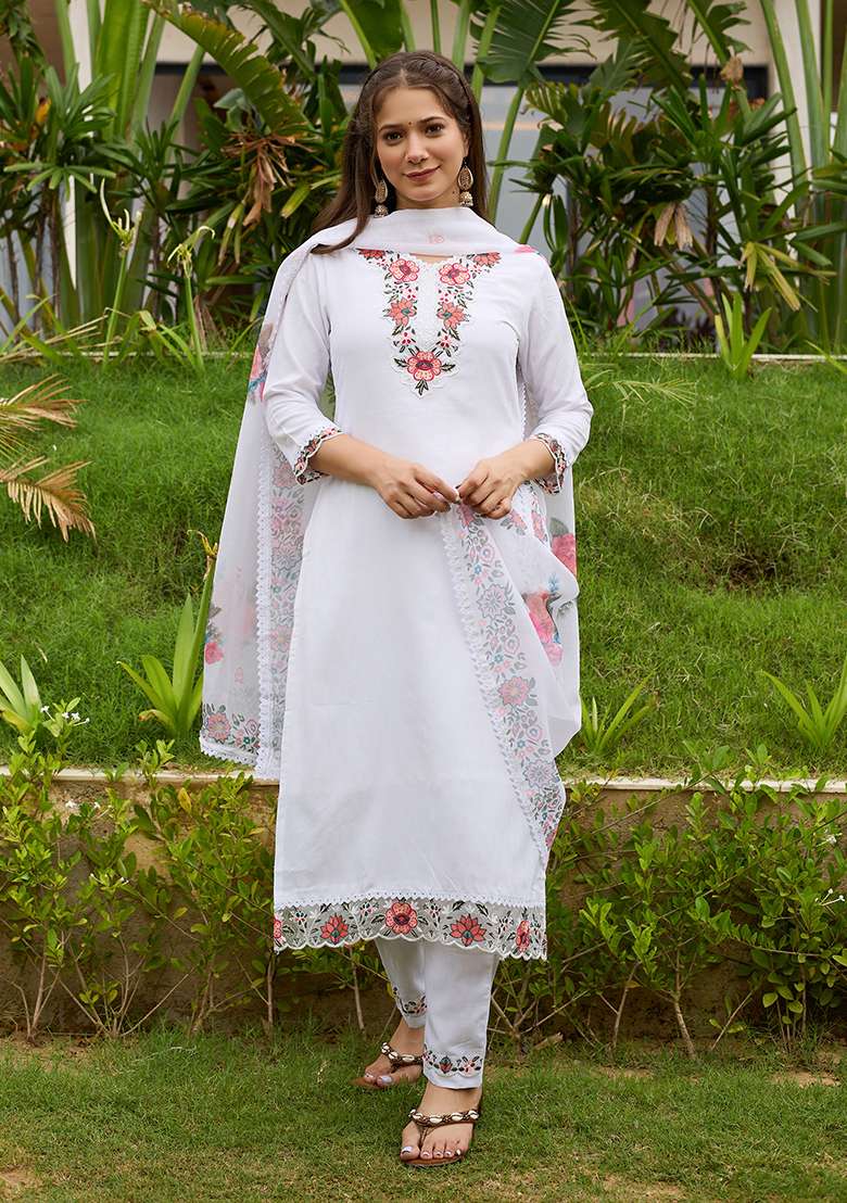 White Embroidered Viscose Straight Kurta Set - Indya
