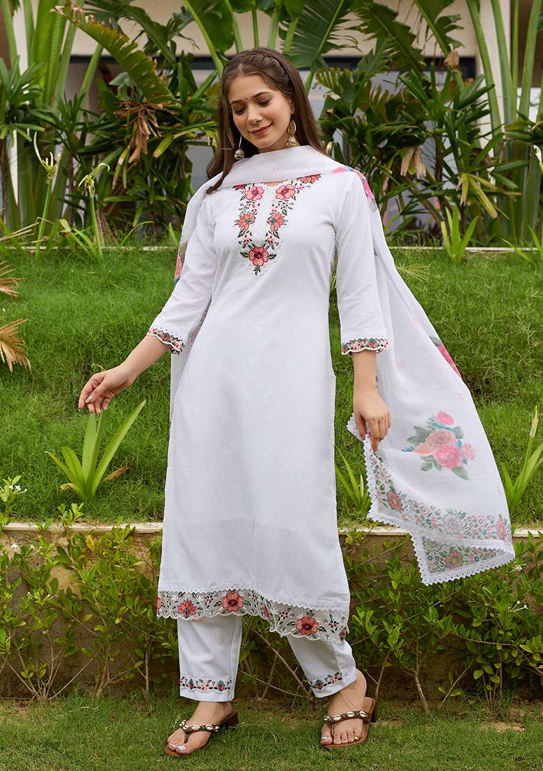 White Embroidered Viscose Straight Kurta Set - Indya