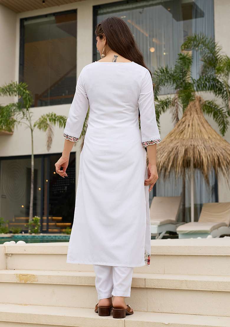 White Embroidered Viscose Straight Kurta Set - Indya