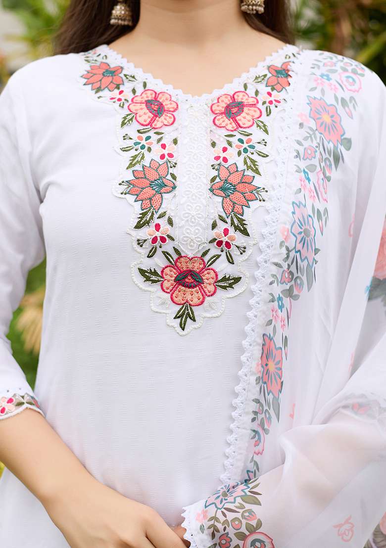White Embroidered Viscose Straight Kurta Set - Indya