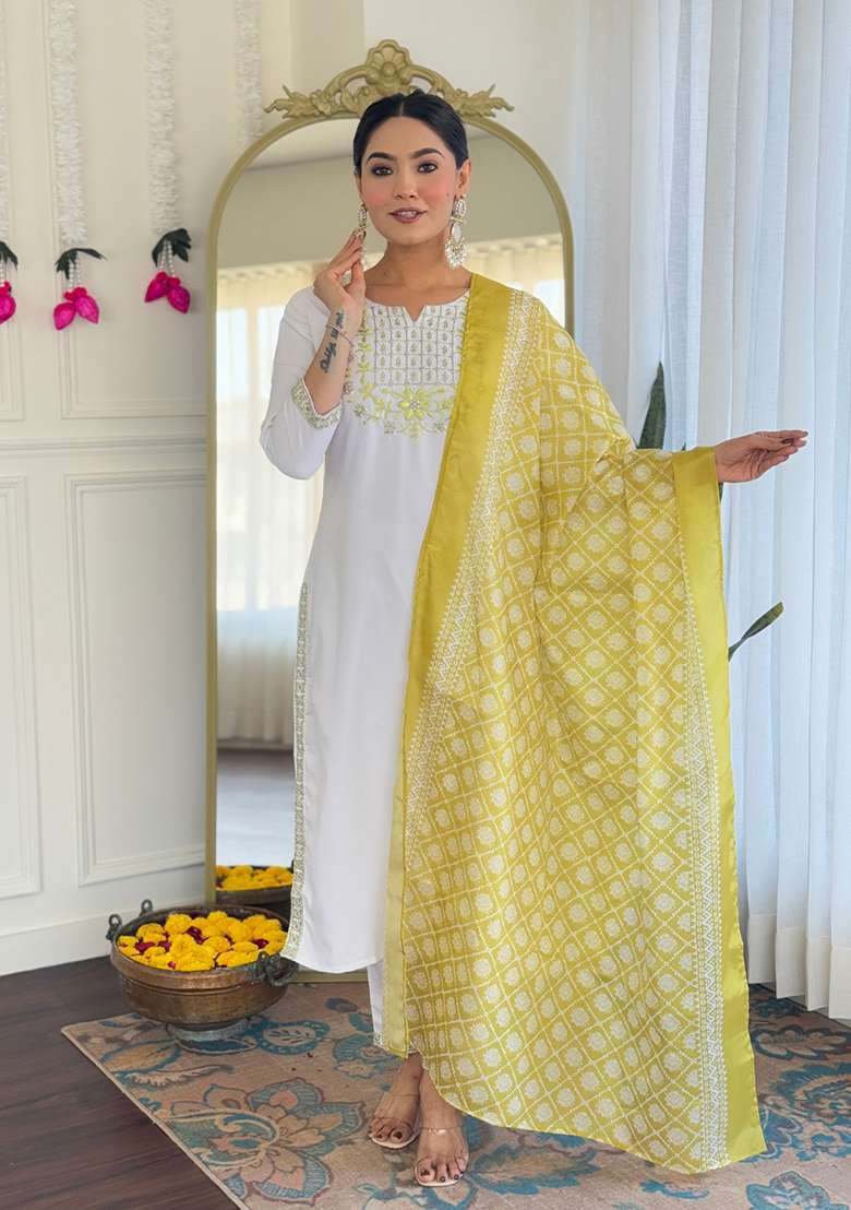 White Embroidered Viscose Straight Kurta Set - Indya