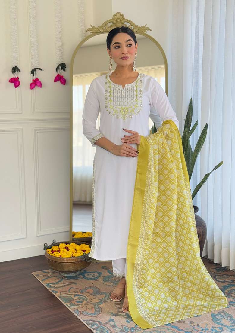 White Embroidered Viscose Straight Kurta Set - Indya