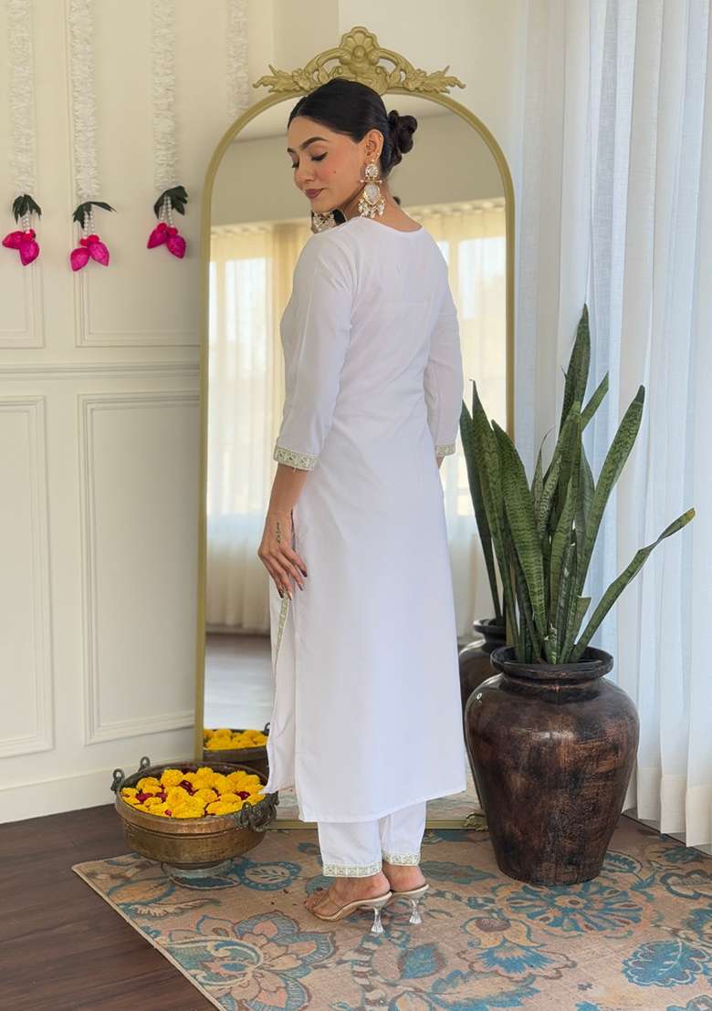 White Embroidered Viscose Straight Kurta Set - Indya