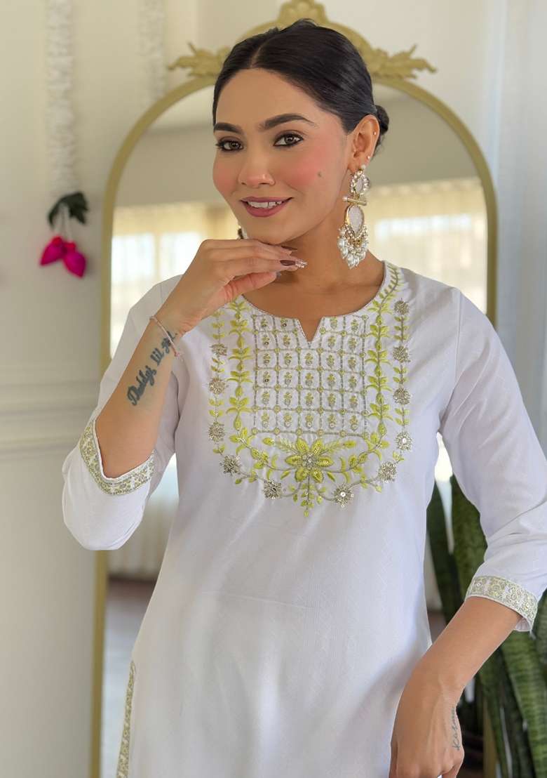 White Embroidered Viscose Straight Kurta Set - Indya