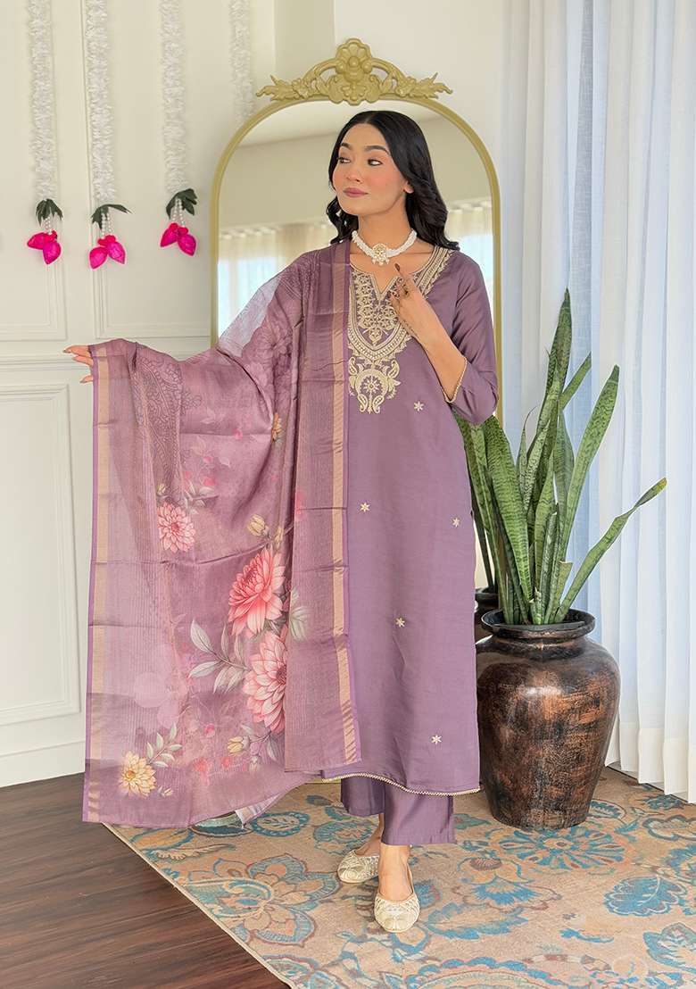 Dusty Purple Embroidered Viscose Straight Kurta Set - Indya