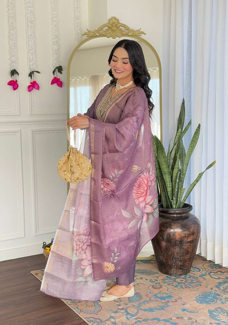Dusty Purple Embroidered Viscose Straight Kurta Set - Indya