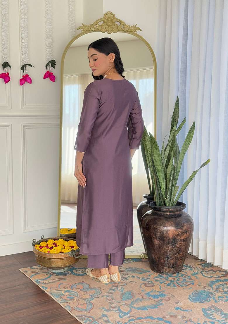 Dusty Purple Embroidered Viscose Straight Kurta Set - Indya