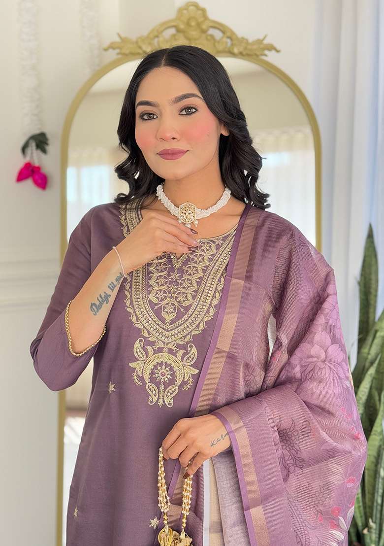Dusty Purple Embroidered Viscose Straight Kurta Set - Indya