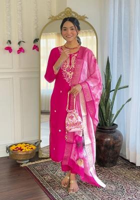 Rani Pink Embroidery Viscose Kurta Set