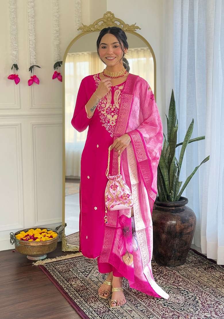 Rani Pink Embroidered Viscose Straight Kurta Set - Indya