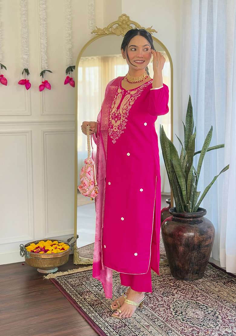 Rani Pink Embroidered Viscose Straight Kurta Set - Indya