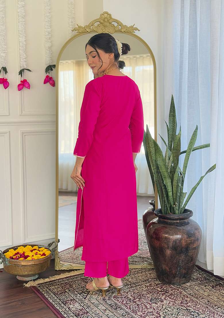 Rani Pink Embroidered Viscose Straight Kurta Set - Indya