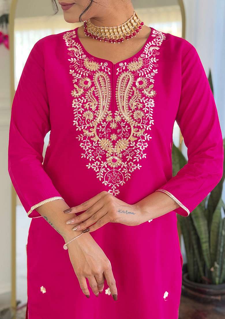 Rani Pink Embroidered Viscose Straight Kurta Set - Indya