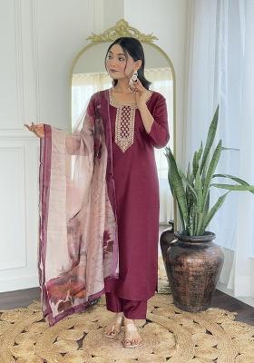 Maroon Embroidery Rayon Kurta Set