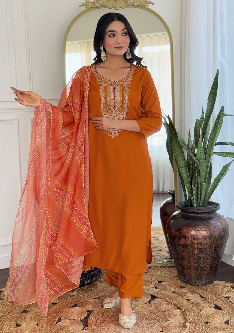 Orange Embroidered Rayon Straight Kurta Set - Indya