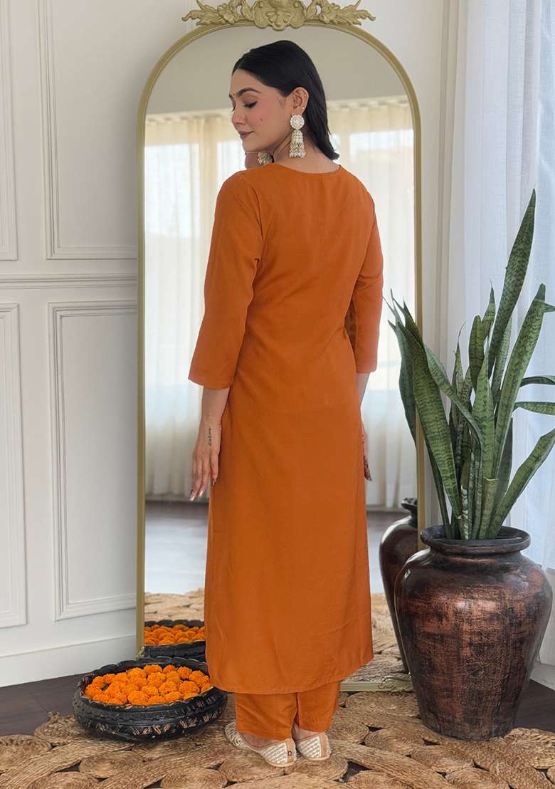 Orange Embroidered Rayon Straight Kurta Set - Indya