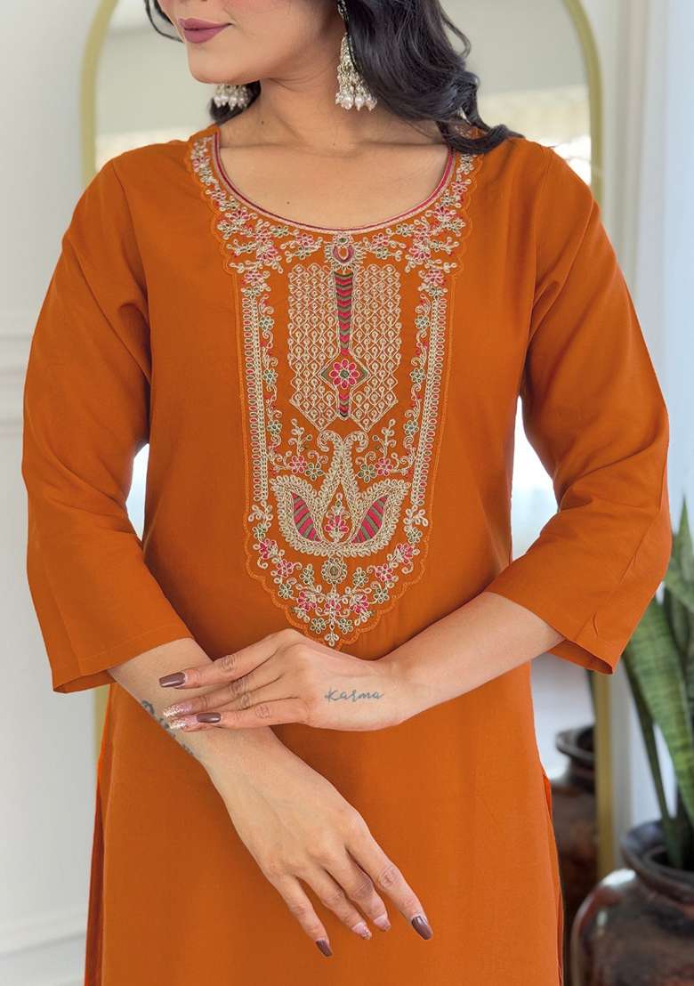 Orange Embroidered Rayon Straight Kurta Set - Indya