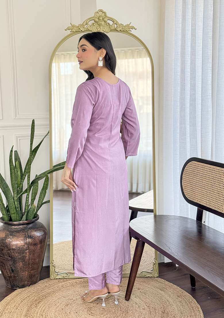 Lavender Chikankari Rayon Straight Kurta Set - Indya