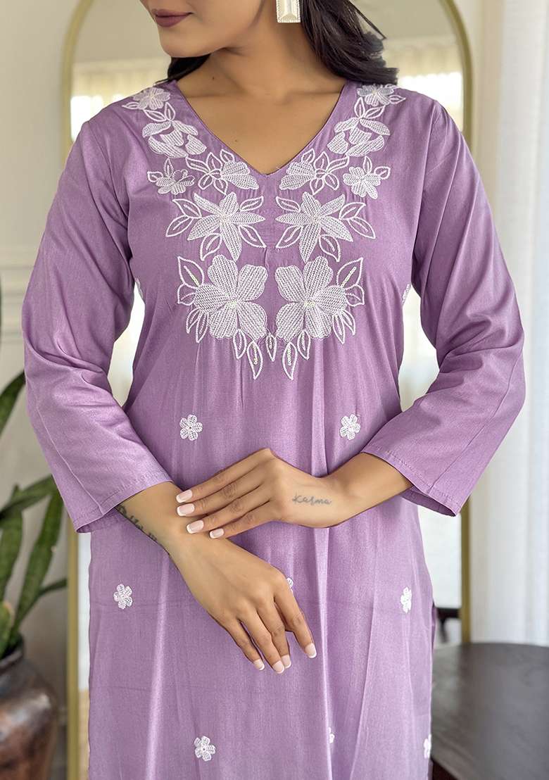 Lavender Chikankari Rayon Straight Kurta Set - Indya