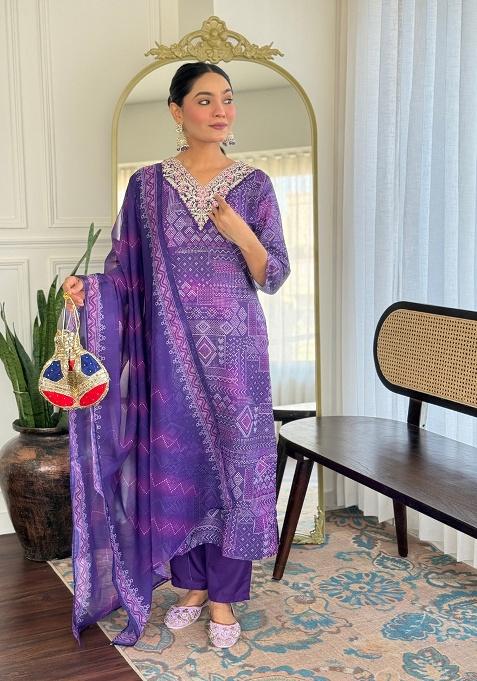 Purple Embroidery Rayon Kurta Set