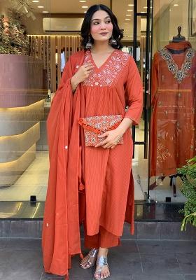 Orange Embroidery Viscose Blend Kurta Set