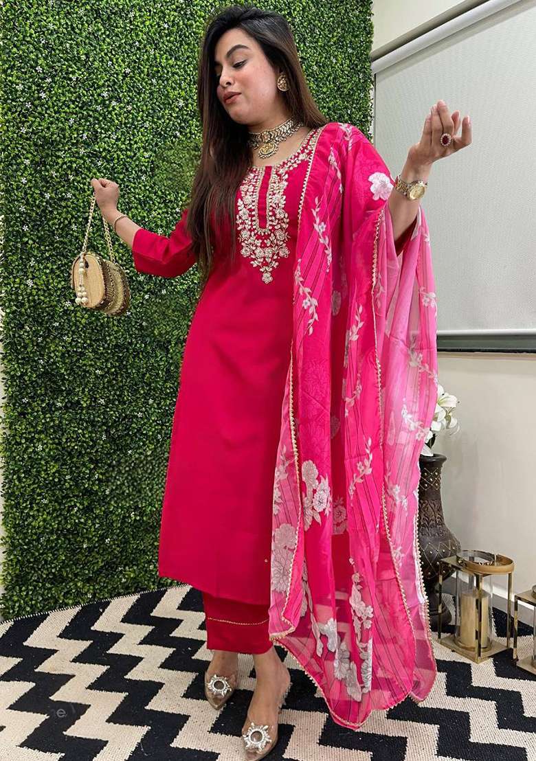 Rani Pink Embroidery Viscose Chanderi Kurta Set - Indya