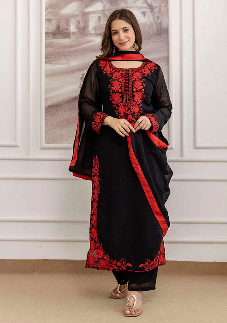 Black Embroidery Georgette Kurta Set - Indya