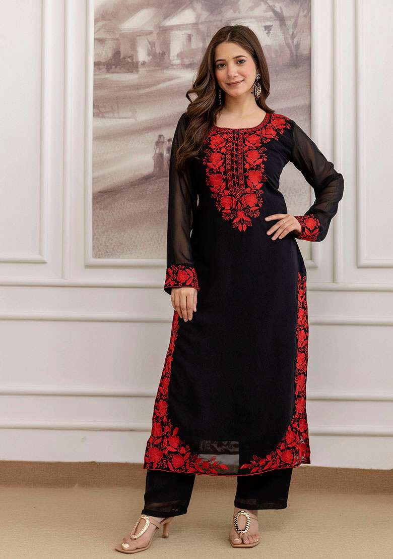 Black Embroidery Georgette Kurta Set - Indya