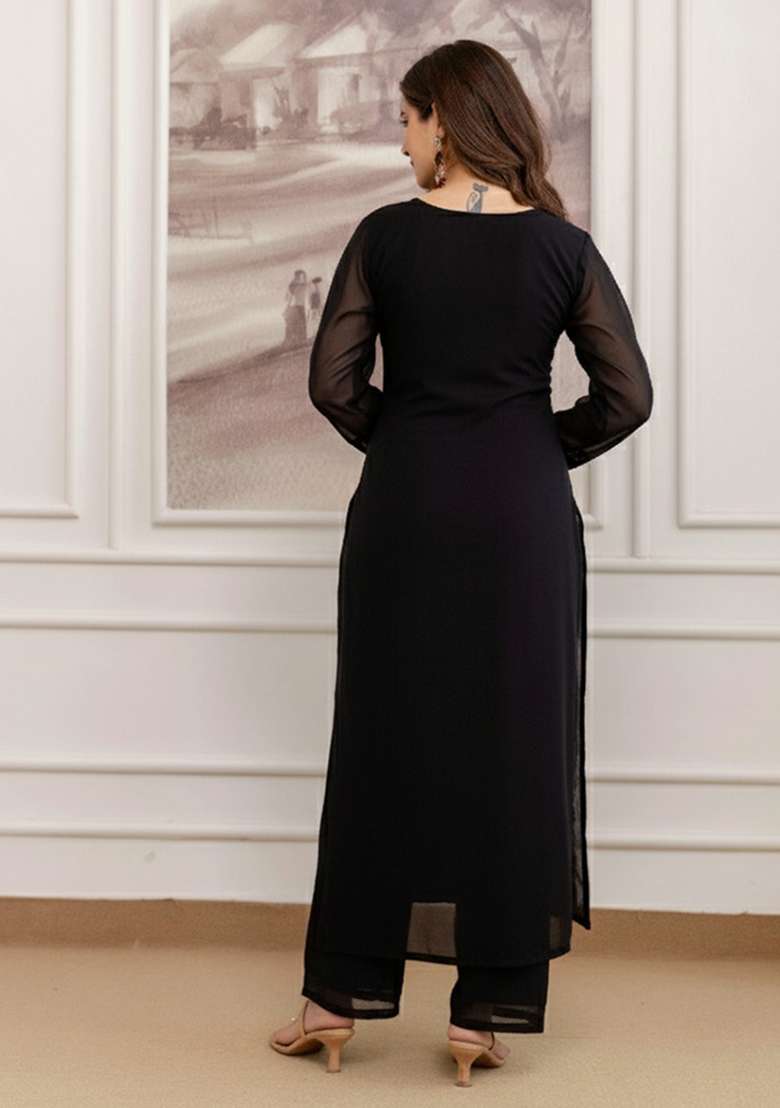 Black Embroidery Georgette Kurta Set - Indya
