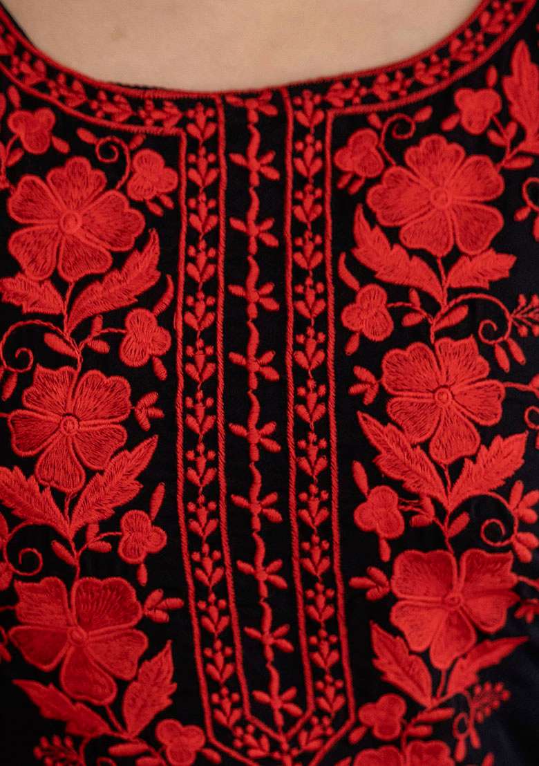 Black Embroidery Georgette Kurta Set - Indya