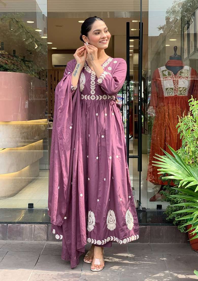 Lavender Embroidered Chanderi Anarkali Set - Indya