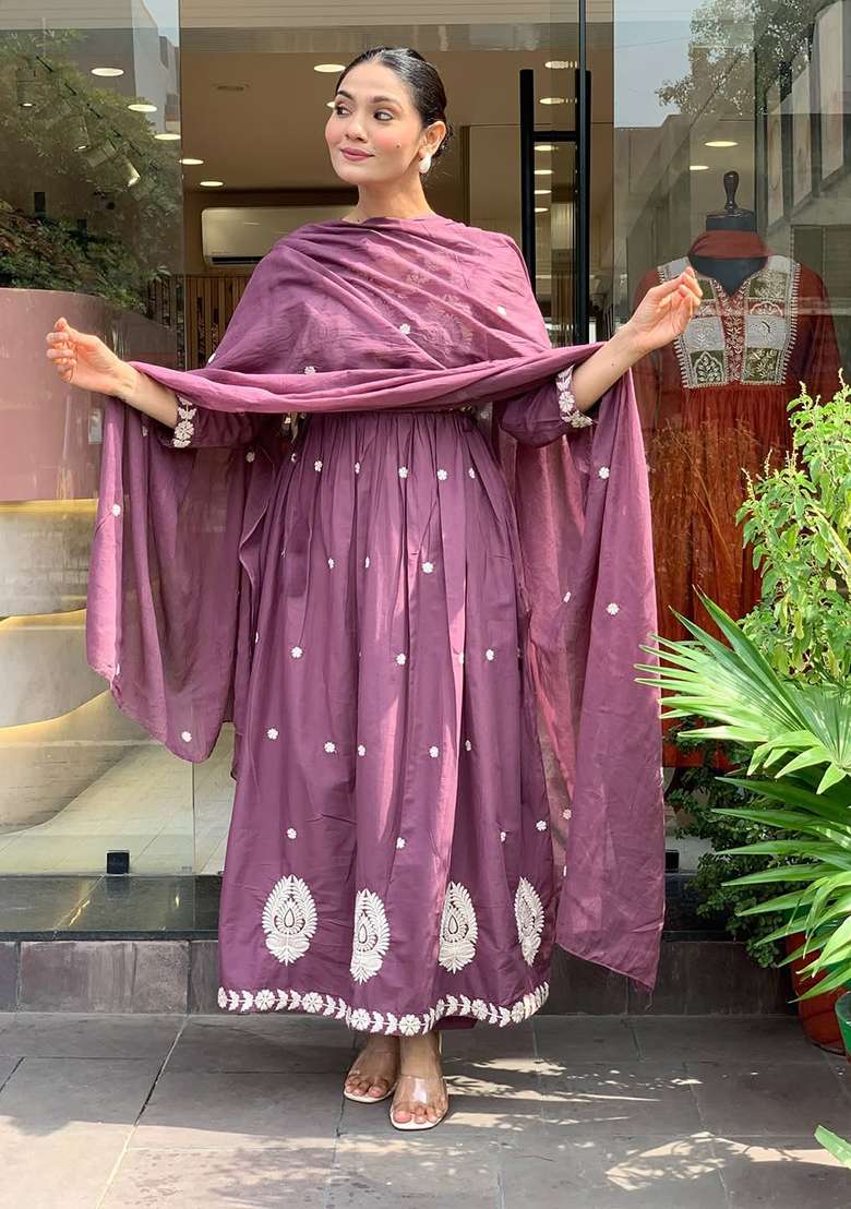 Lavender Embroidered Chanderi Anarkali Set - Indya