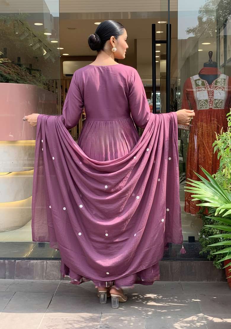Lavender Embroidered Chanderi Anarkali Set - Indya
