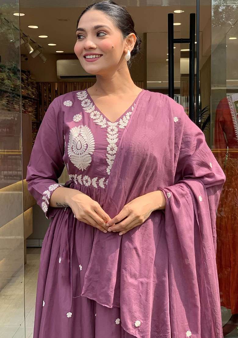 Lavender Embroidered Chanderi Anarkali Set - Indya