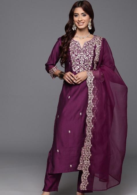 Wine Embroidery Chanderi Kurta Set