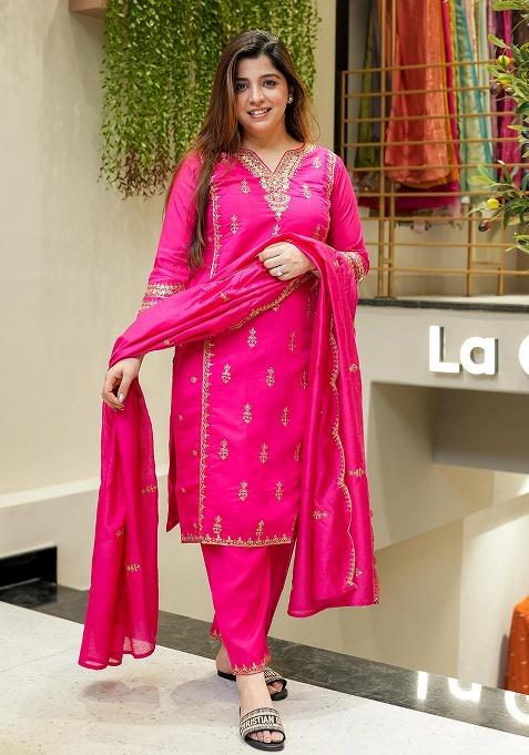 Pink Embroidery Silk Kurta Set