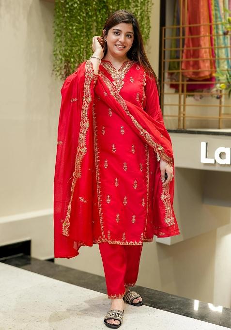 Red Embroidery Silk Kurta Set